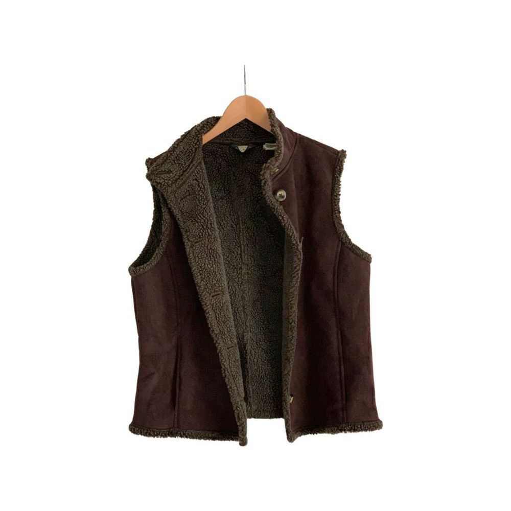 L.L. Bean Faux Suede Leather Brown Sherpa Lined Button Down Vest - Picture 5 of 5